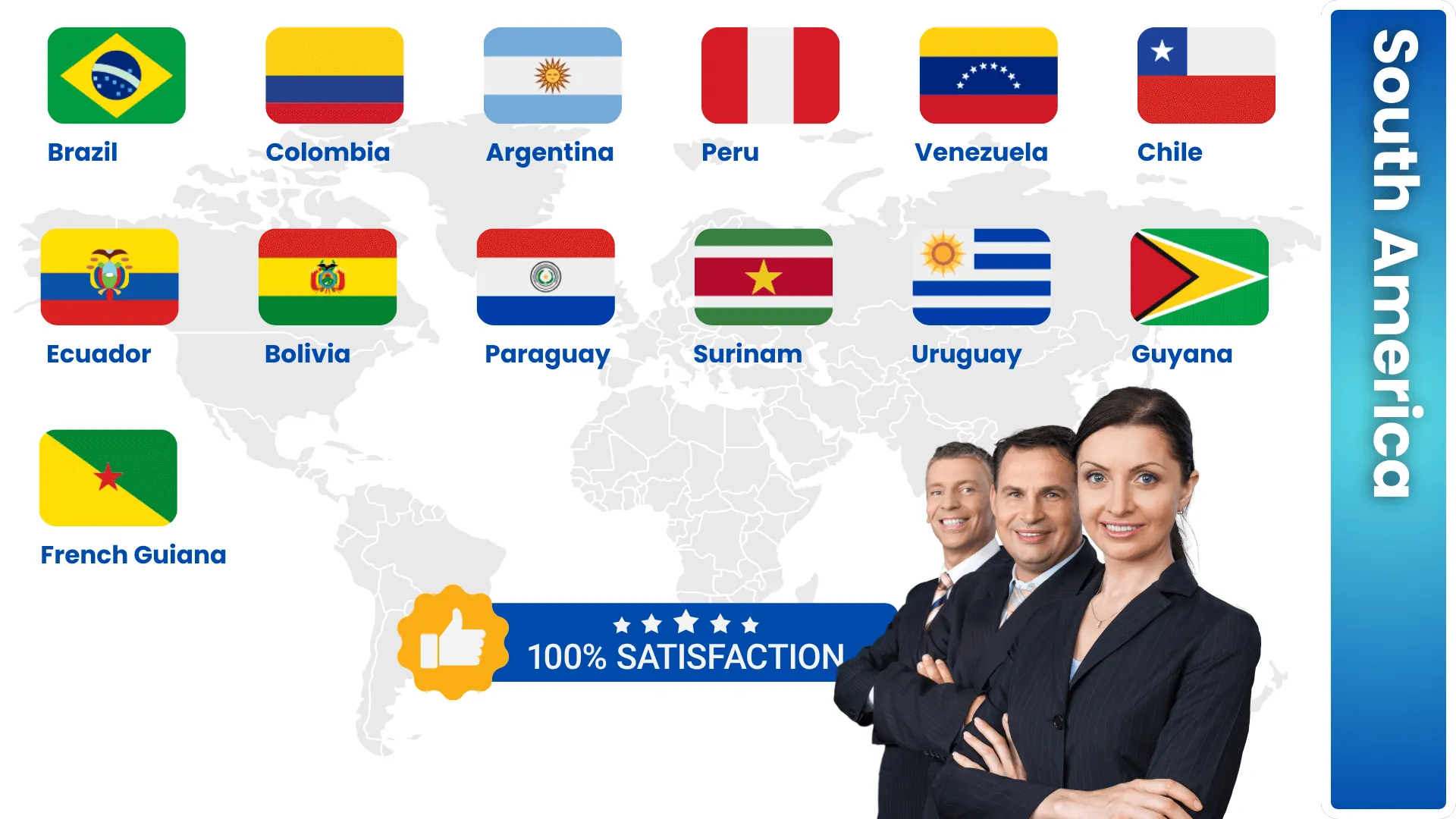 Mundial markets in South America: Brazil, Colombia, Argentina, Peru, Venezuela, Chile, Ecuador, Bolivia, Paraguay, Suriname, Uruguay, Guyana, French Guiana